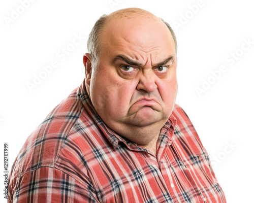 Angry man with frown, wearing plaid shirt, expressing frustration and displeasure. His facial expression conveys strong emotions, suitable for various contexts