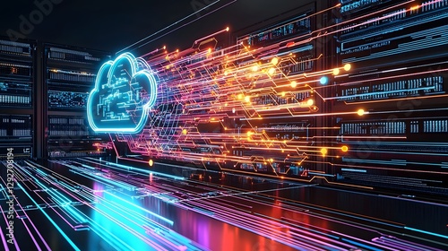 Futuristic high tech data center with glowing circuits secure cloud networking and advanced cybersecurity firewall system protecting sensitive digital information