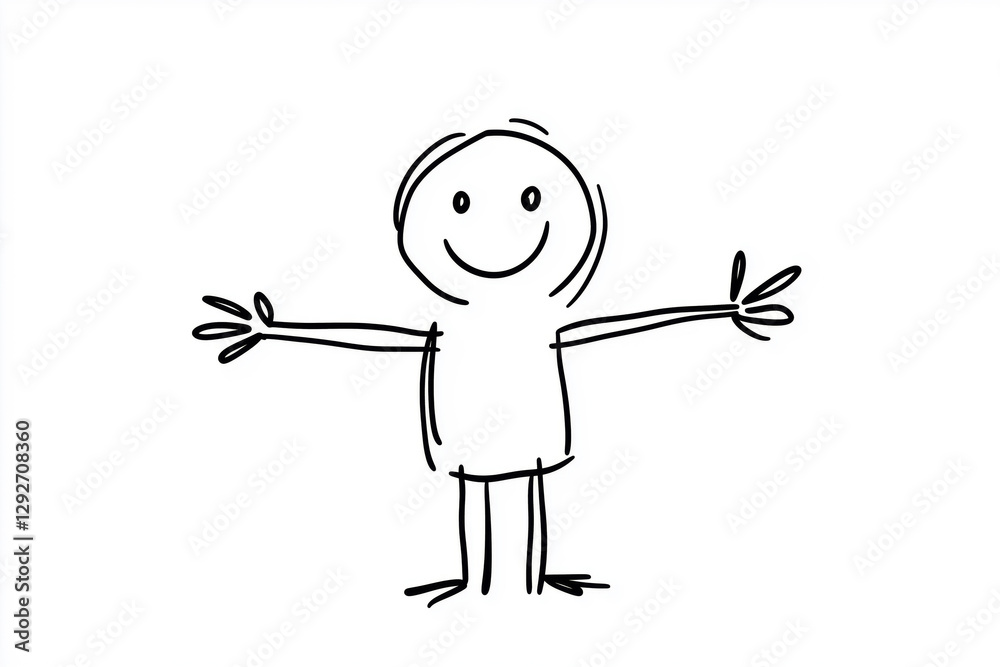 Simple line art illustration of a cheerful stick figure with open arms on a clean white background expressing happiness and positivity, joy, friendly, positive vibe Simple line art illustration of a cheerful stick figure with open arms on a clean white background expressing happiness and positivity, joy, friendly, positive vibe