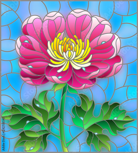 Stained glass illustration with a beautiful pink flower  against a blue sky