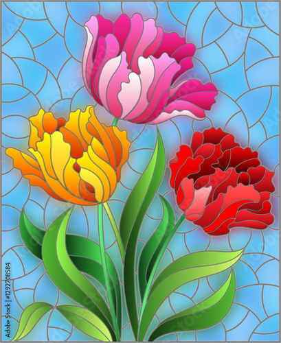 Illustration in stained glass style with a bouquet of colorful tulips on a sky background