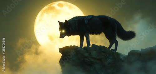 Majestic Black Wolf with Ethereal Glow on a Rocky Cliff Against the Misty Full Moon. photo