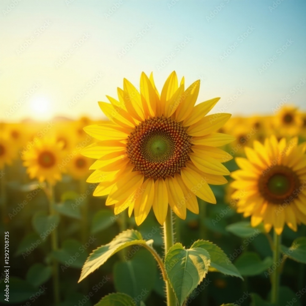 Fototapeta premium Golden sunflowers bask in vibrant sunlight, endless field , sunny day, nature photography, bright light