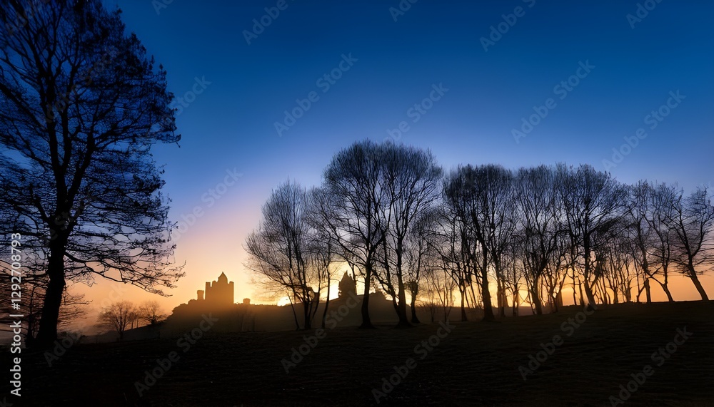 Dark tree silhouettes against a twilight sky with a mystical castle on a hill Dark tree silhouettes against a twilight sky with a mystical castle on a hill
