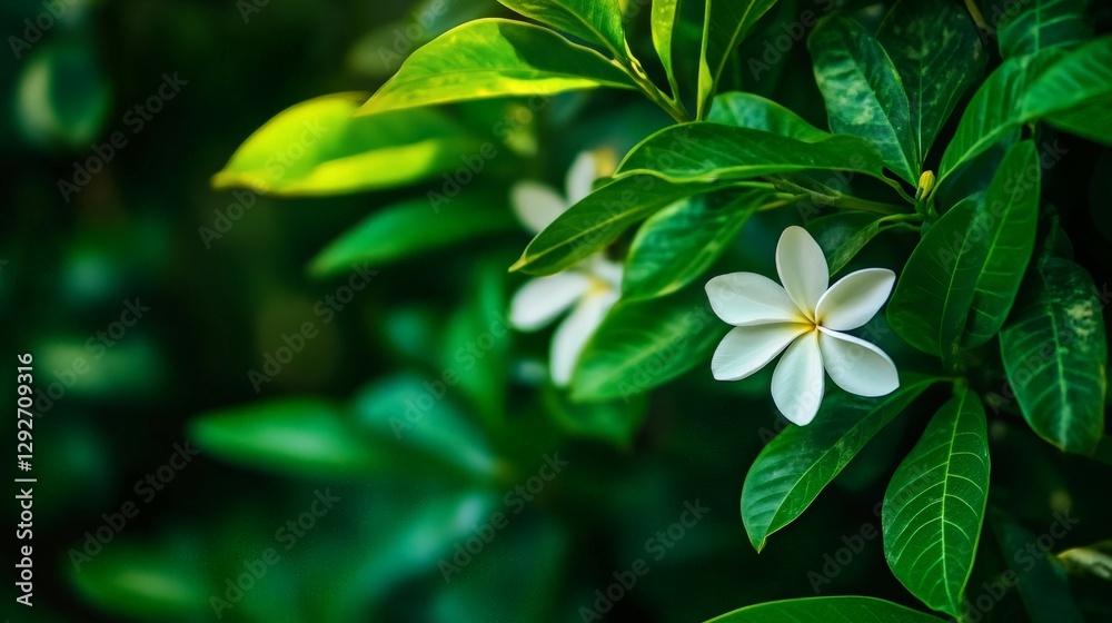 Fototapeta premium Closeup of white flower blooming with green leaves in the background