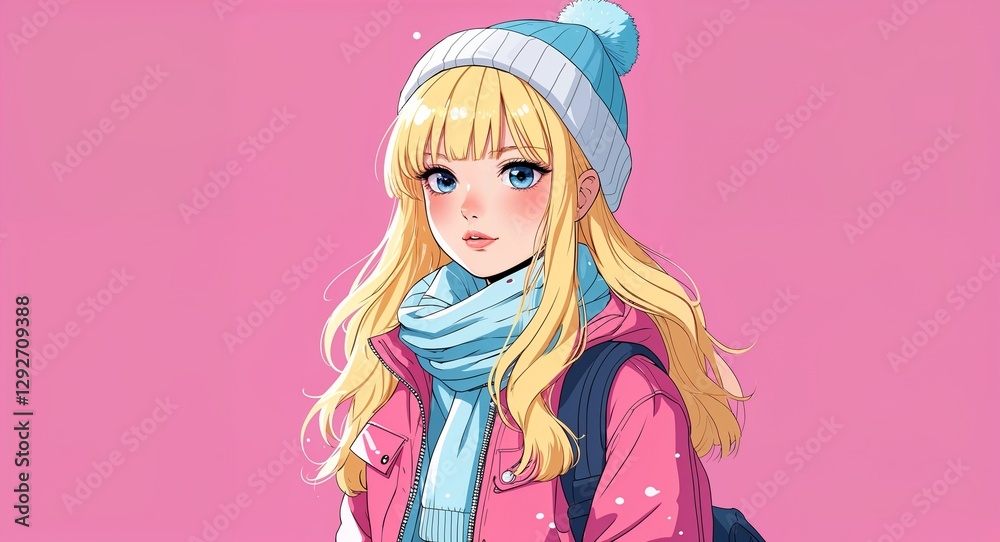 Blonde girl in winter fashion on pink bright plain background anime cartoon illustration Blonde girl in winter fashion on pink bright plain background anime cartoon illustration