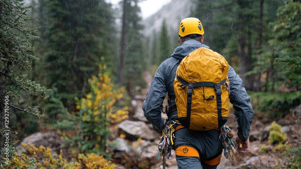 Climber Hiking Through Autumn Forest Trail Climber Hiking Through Autumn Forest Trail