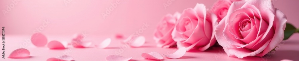 Large pink rose heads & pink confetti, soft focus, solid pink backdrop, hearts, delicate, design Large pink rose heads & pink confetti, soft focus, solid pink backdrop, hearts, delicate, design