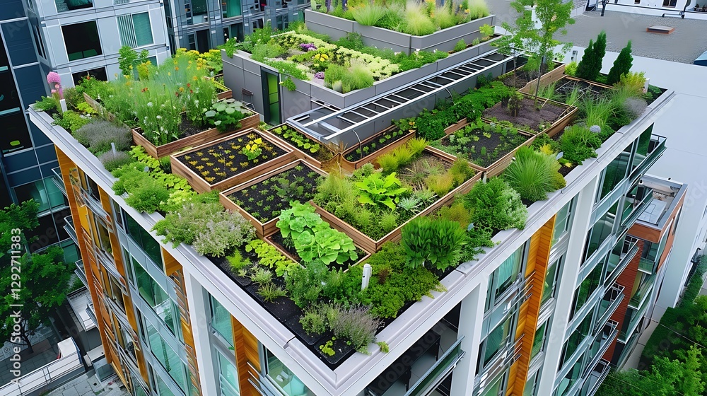 Lush Urban Rooftop Garden Featuring Diverse Plants and Sustainable Greenery in City Environment Lush Urban Rooftop Garden Featuring Diverse Plants and Sustainable Greenery in City Environment