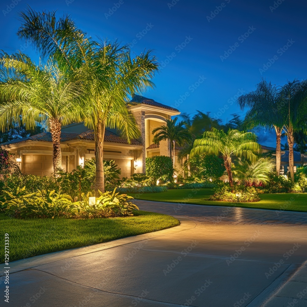 Fototapeta premium Luxurious Home Exterior at Dusk with Landscape Lighting