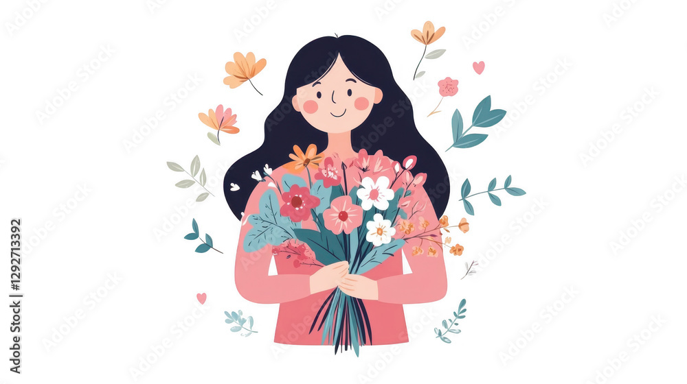 A cheerful woman holds a vibrant bouquet of flowers, surrounded by colorful floral elements, showcasing joy and nature's beauty. A cheerful woman holds a vibrant bouquet of flowers, surrounded by colorful floral elements, showcasing joy and nature's beauty.