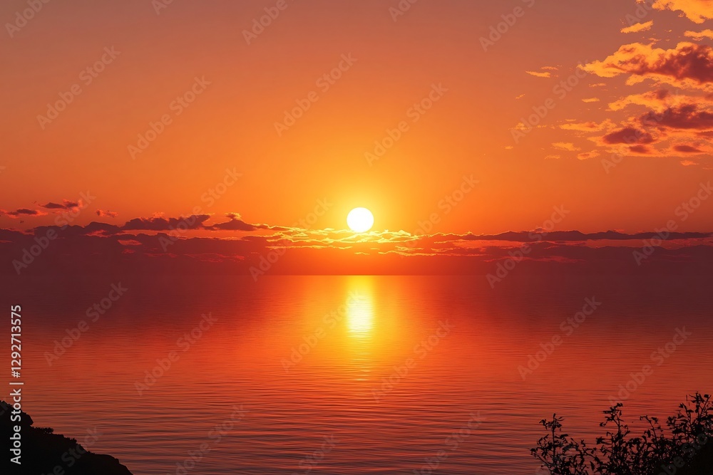 Fototapeta premium Sunset over the sea, an orange sky, a calm water surface.