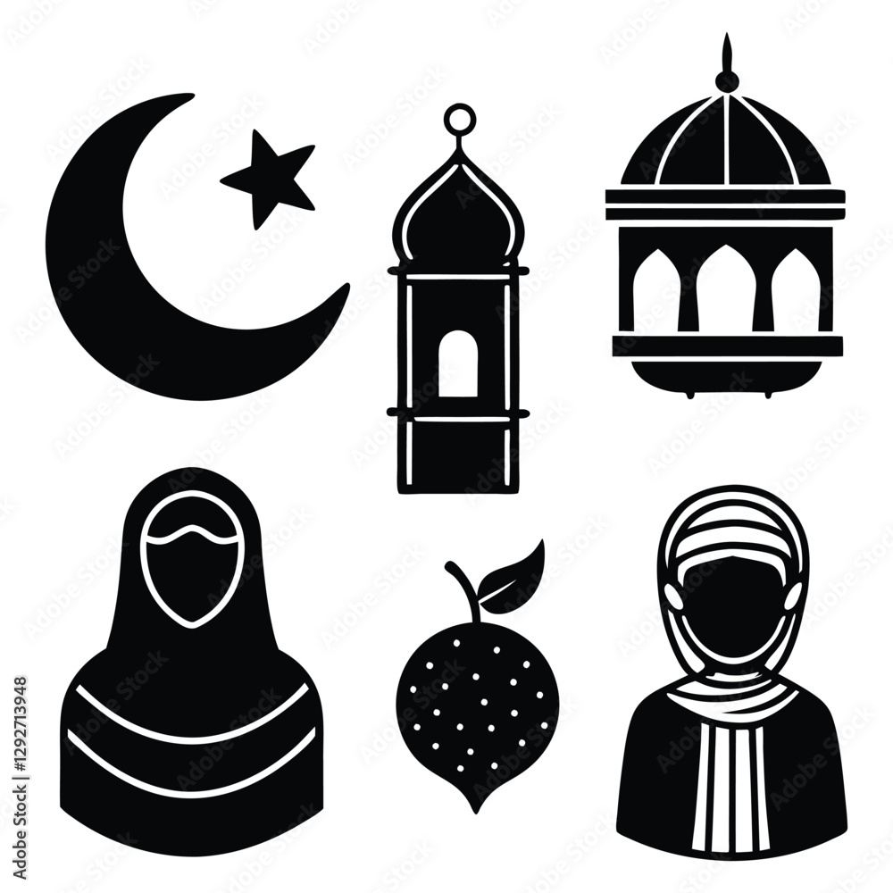 Set of hand drawn icons for holy month Ramadan Kareem Islam, muslim religion concept. Isolated vector objects. Mosque with minaret tower. Moon and date fruit. Arab man, woman in hijab. Eid ul Fitr Set of hand drawn icons for holy month Ramadan Kareem Islam, muslim religion concept. Isolated vector objects. Mosque with minaret tower. Moon and date fruit. Arab man, woman in hijab. Eid ul Fitr