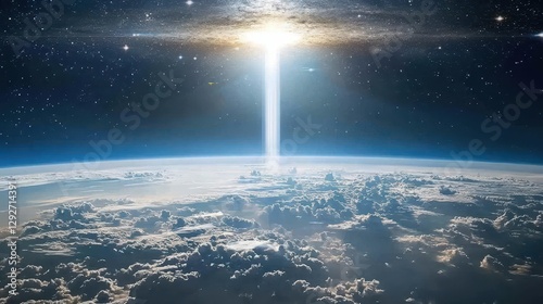 A cosmic gateway appears above Earth revealing an interstellar portal of shifting light