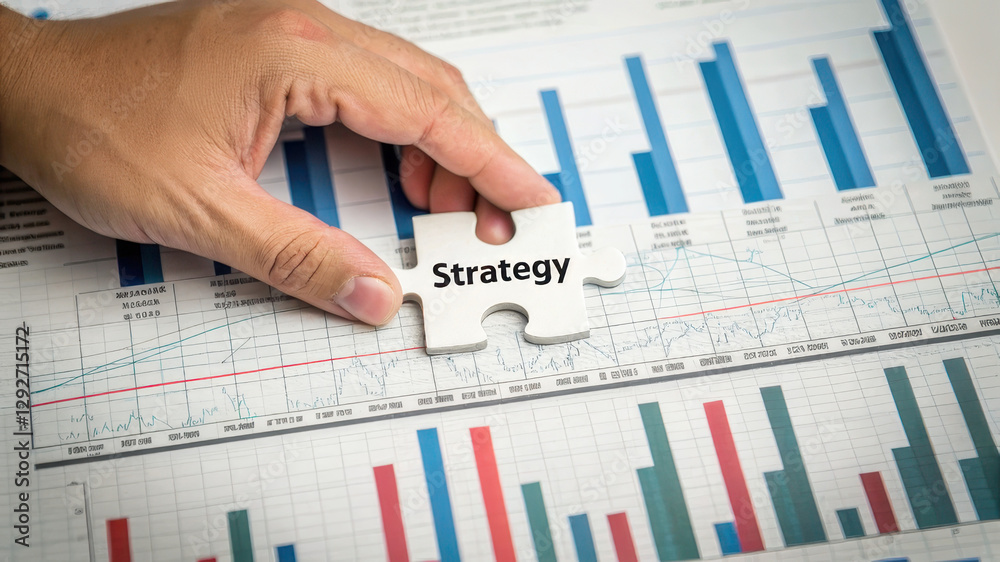 Hand placing puzzle piece labeled Strategy on financial report, symbolizing planning and analysis. , Recession concept Hand placing puzzle piece labeled Strategy on financial report, symbolizing planning and analysis. , Recession concept