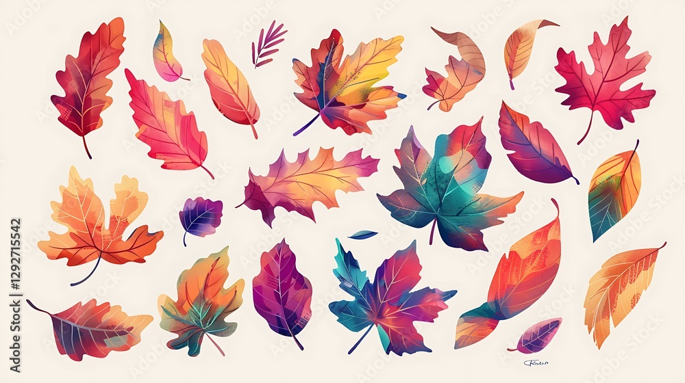 Fototapeta premium Vibrant Collection of Colorful Autumn Leaves in Various Shapes and Sizes on Light Background