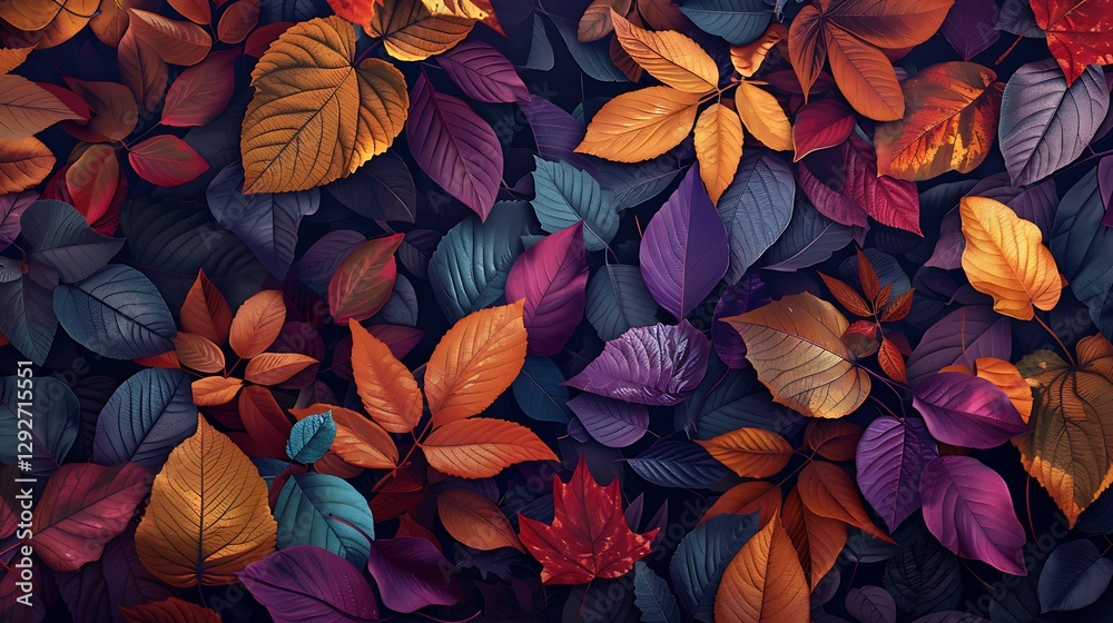 Vibrant Autumn Leaves in Rich Colors of Red, Orange, Yellow, and Purple on Dark Background Vibrant Autumn Leaves in Rich Colors of Red, Orange, Yellow, and Purple on Dark Background