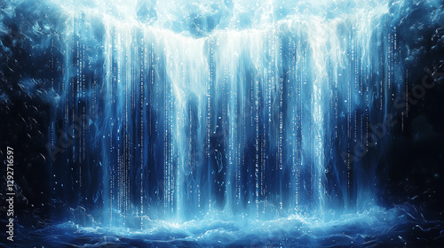 Radiant code flows over a digital surface, with symbols transforming into abstract shapes in electric blue, white, and silver