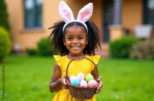 A little black girl with bunny ears holds a basket of colorful Easter eggs in her hands. Children's Easter hunt.