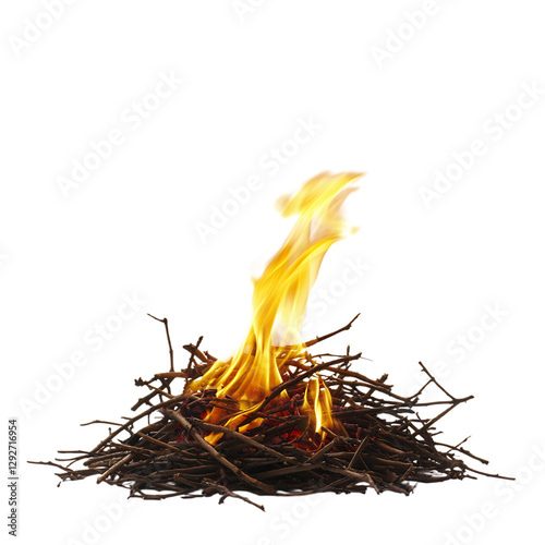 A Vivid Fire Flame Igniting From Dry Twigs Isolated on Transparent Background photo