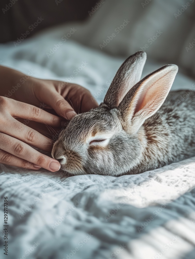 Naklejka premium A person gently petting a relaxed rabbit on a soft bed.