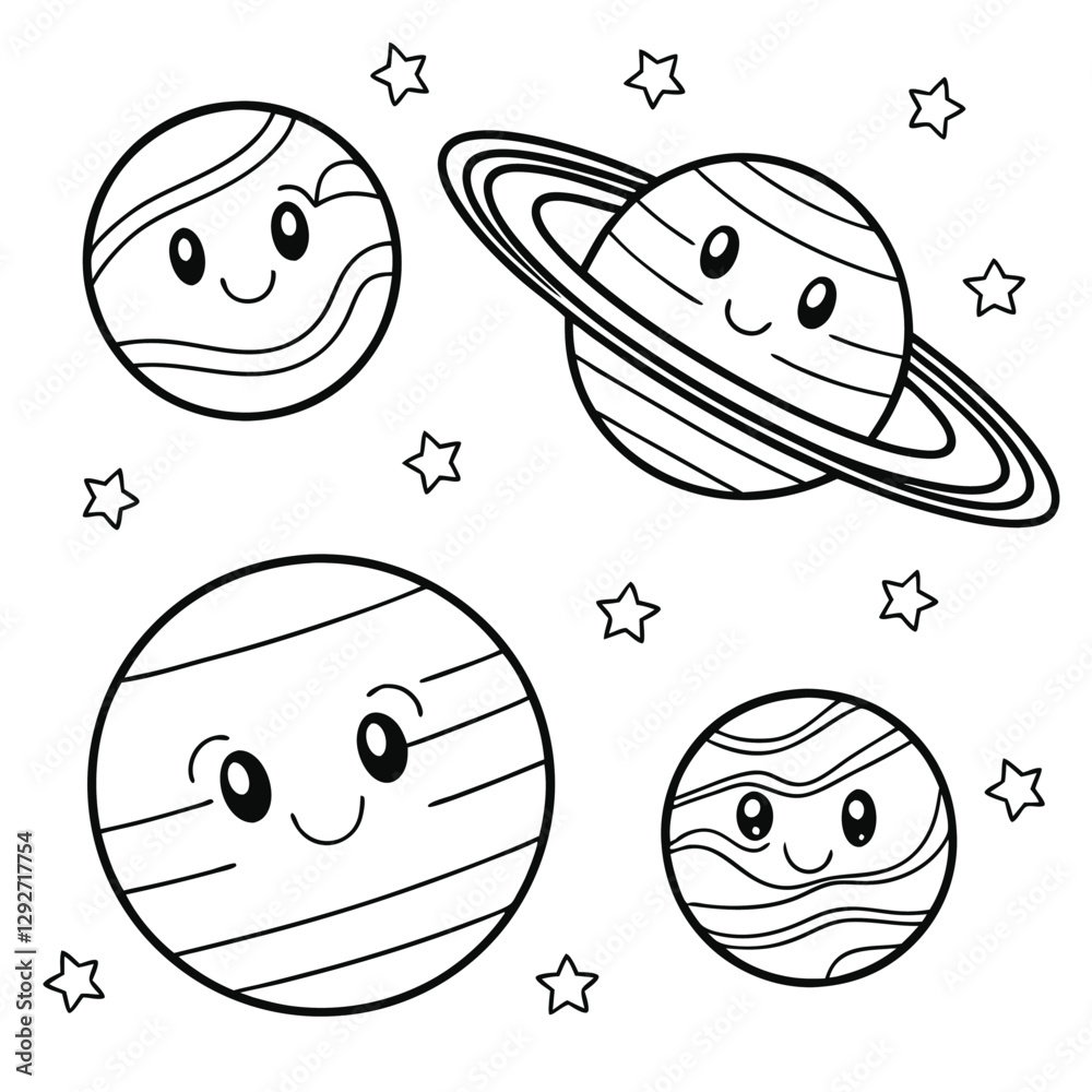 Fototapeta premium Happy Planets and Sun Adorable Coloring Sheet