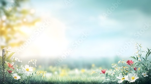 Lush verdant summer meadow with softly blurred and vibrant wildflowers basking in the gentle golden rays of warm sunlight creating a dreamy