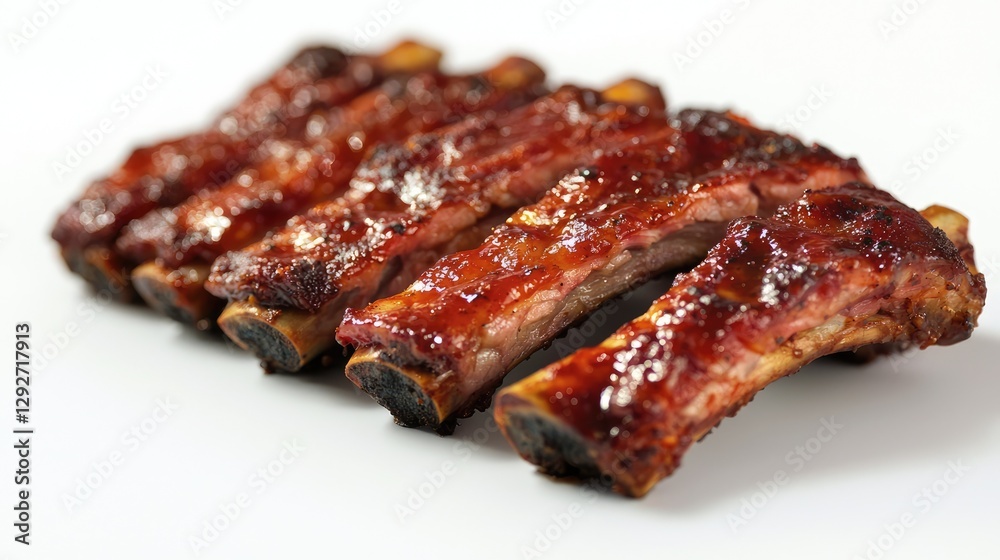 Glazed barbecue pork ribs served on a white surface Glazed barbecue pork ribs served on a white surface
