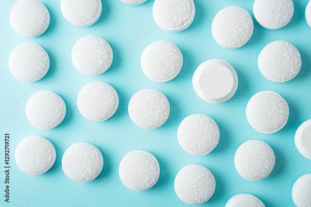 Fototapeta premium Circular white salt tablets for water softening in appliances preventing limescale buildup Overhead view Empty space