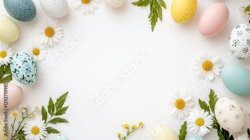 Easter background with eggs, daisies and leaves elements on white background. Top view with space for text, good for Easter decoration, advertising and social media posts.