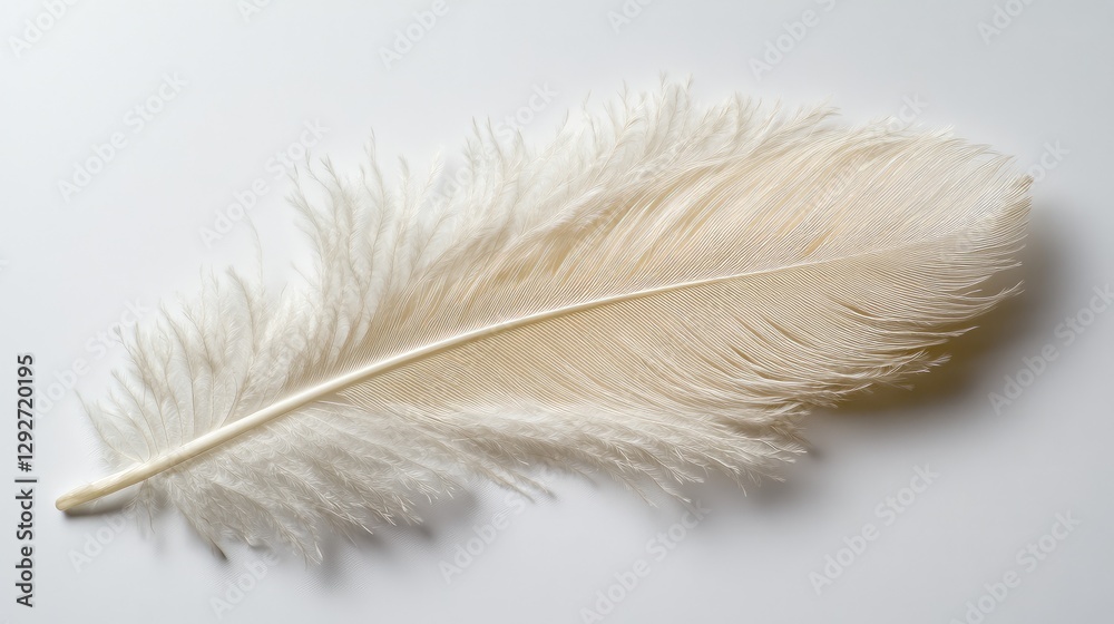 A delicate single white feather placed diagonally on a smooth white background, focusing on texture. A delicate single white feather placed diagonally on a smooth white background, focusing on texture.