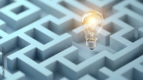 Minimalist maze structure with a vivid light bulb illuminating the exit path symbolizing thinking and the brilliance of creative problem solving