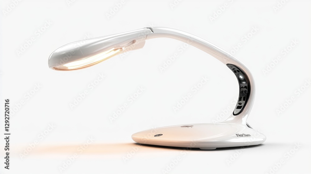 A modern, minimalistic desk lamp with a white base, captured on a solid white background, free from any logos. A modern, minimalistic desk lamp with a white base, captured on a solid white background, free from any logos.