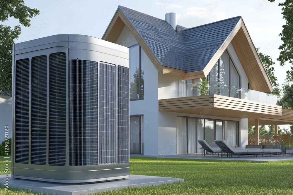 Fototapeta premium Contemporary AC unit on concrete base outside duplex