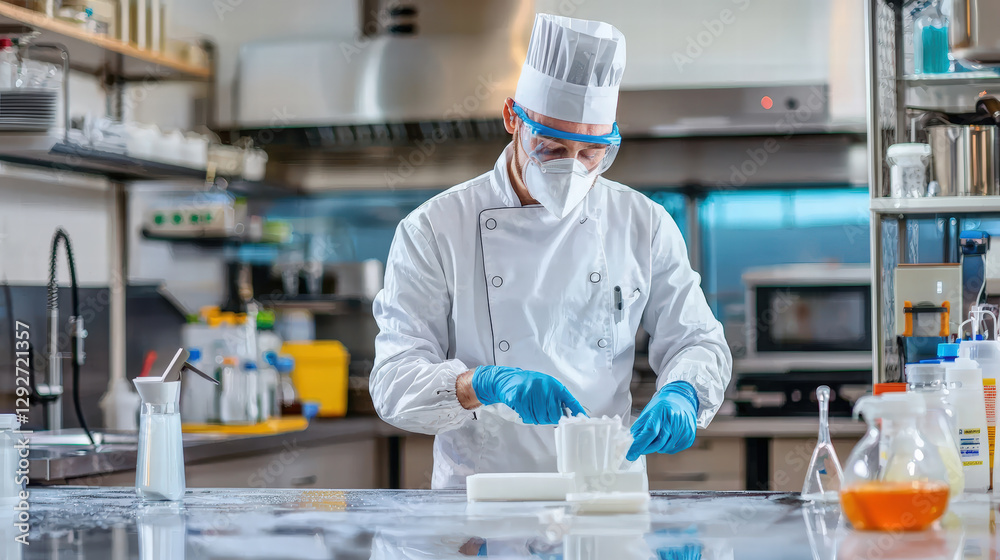 Fototapeta premium chef wearing mask and gloves prepares food in commercial kitchen, ensuring hygiene and safety. environment is clean and organized, reflecting professional culinary setting