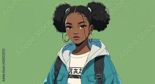 Black African girl in urban clothing on green bright plain background anime cartoon illustration
