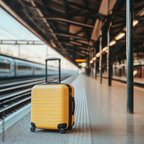 A bright yellow suitcase at a train station.