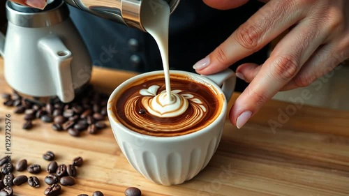 Barista Pouring Latte Art in a Cup of Coffee