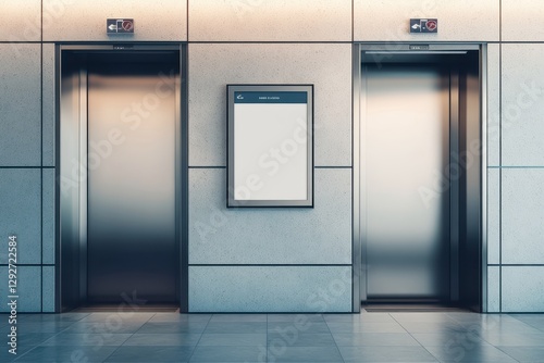 Mock up of two vacant elevators with open metal doors and poster frames on the interior walls