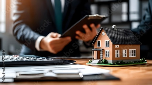 Real estate agent presenting mortgage agreement to excited homebuyers in modern office setting with miniature house model symbolizing their future dream home  Document financial construction
