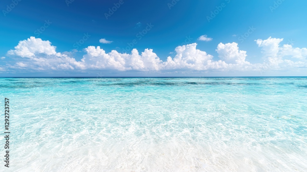 Fototapeta premium Tropical beach, turquoise water, sunny sky, calm ocean, idyllic vacation