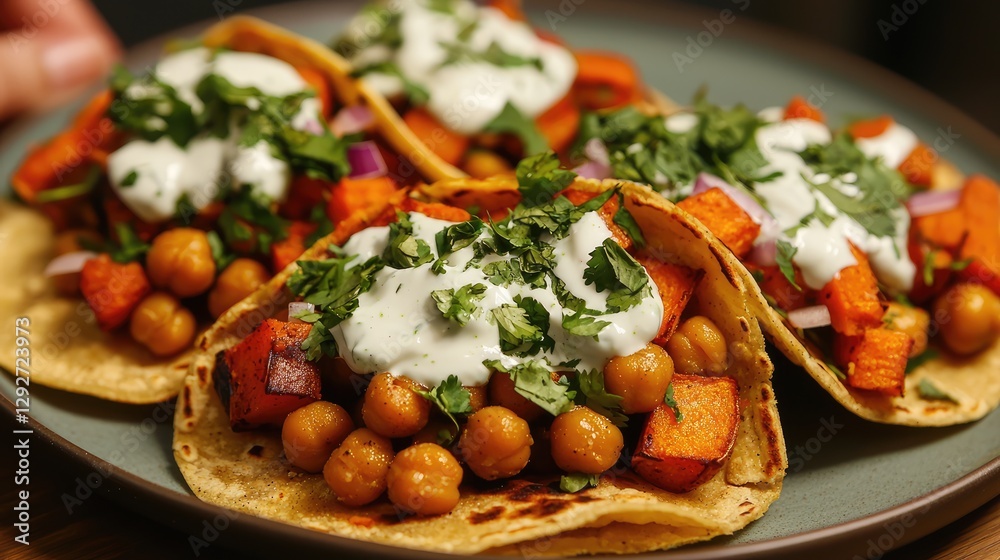 Delicious vegetarian tacos filled with sweet potatoes and chickpeas Delicious vegetarian tacos filled with sweet potatoes and chickpeas