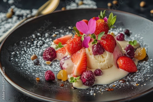 Strawberry and vanilla ice cream with fresh and dried fruits semolina kaskas and rose milk photo