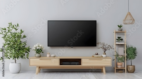 Serene Minimalist Home Interior with Sleek Wooden TV Floral and Potted Plant Decor and Warm Lighting for a Cozy Peaceful Ambiance
