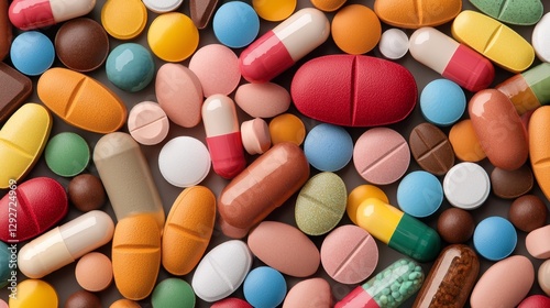 Doctor prescribing medicine pill capsules in a hospital setting colorful drug array clinical environment close-up view