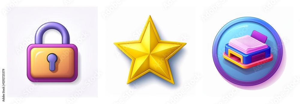 Three vibrant icons: a locked purple padlock, a shining golden star, and a cozy bed in a blue circle, all on a white background. Three vibrant icons: a locked purple padlock, a shining golden star, and a cozy bed in a blue circle, all on a white background.
