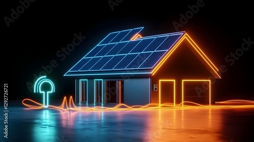 Stylized digital concept of a smart home with luminous solar rooftops a glowing plug symbol and flowing energy currents showcasing futuristic eco friendly living and green technology