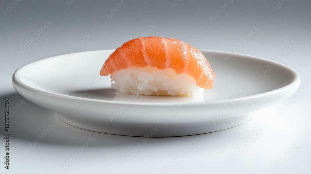 Minimalist arrangement of a white plate with a single piece of sushi, centered against a white surface. Minimalist arrangement of a white plate with a single piece of sushi, centered against a white surface.