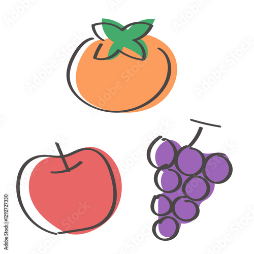 手書きの秋の果物　柿　りんご　ぶどう　ゆる可愛いイラスト