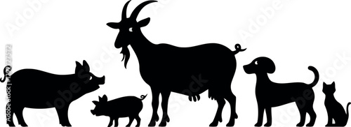 Silhouette Illustration of Various Farm Animals and Pets: Pig, Piglet, Goat, Dog, and Cat